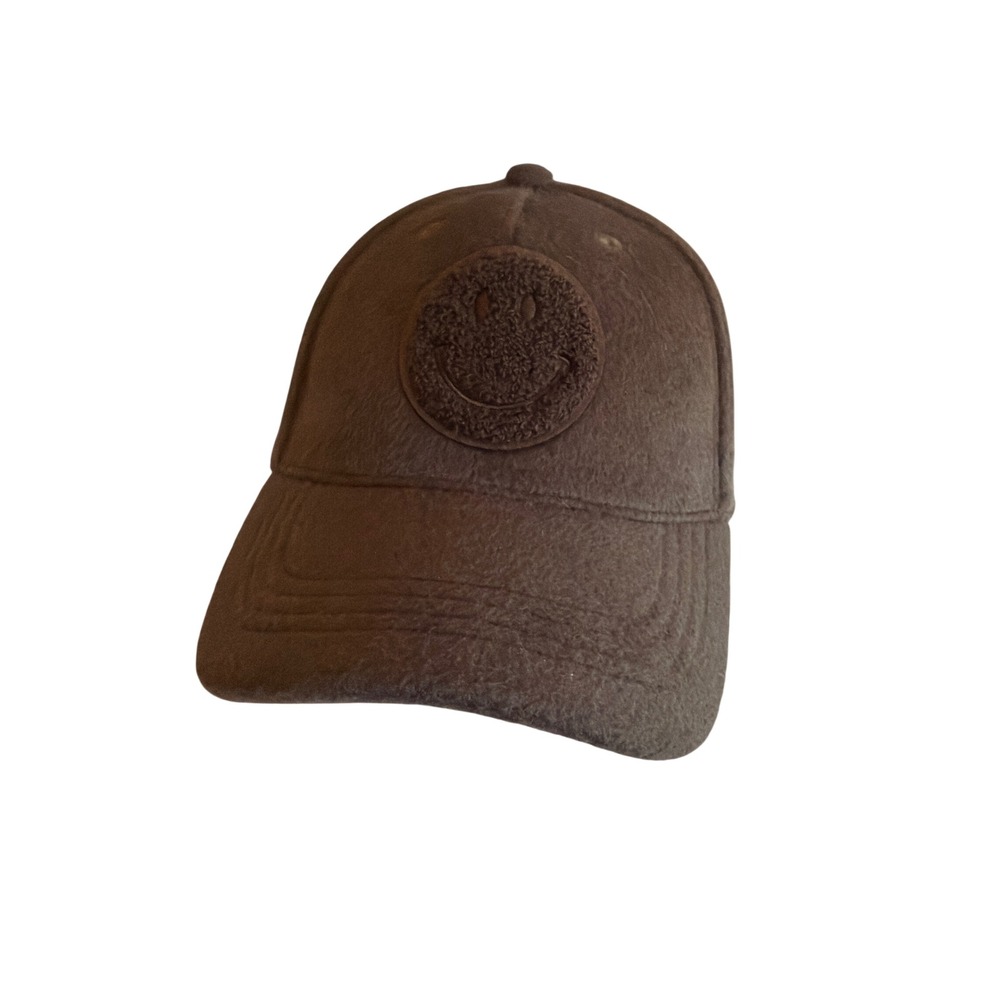 Steve Madden Baseball Cap Brown Smiley Face Faux Wool Adjustable Hat OSFM